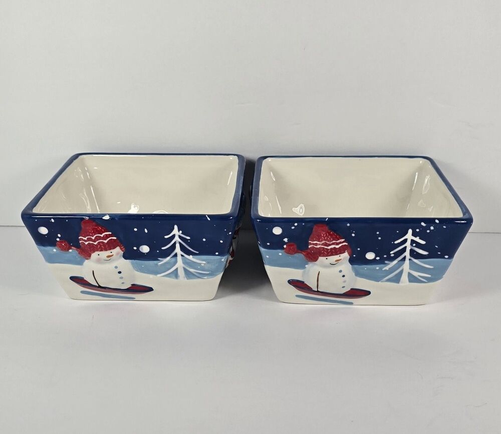 St. Nicholas Square Snowmen Let It Snow Candy Snack Square Bowls Blue Set of 2